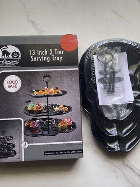 Halloween Skeleton 3-Tier Serving Tray | Spooky Dessert Stand | Black Skull Part